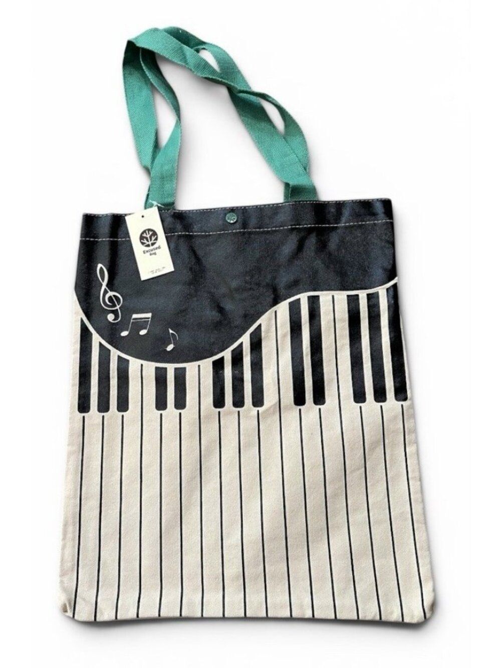 Piano Keys Tote Bag Reusable Music Note Handbag Canvas Double Handles Tan Black